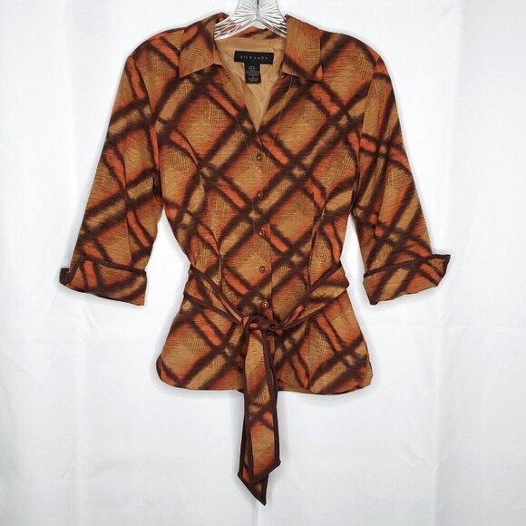 Vintage Silk Land Tie Dye Look Blouse Top S Brown Orange 3/4 Sleeve Belted Artsy - Picture 1 of 7